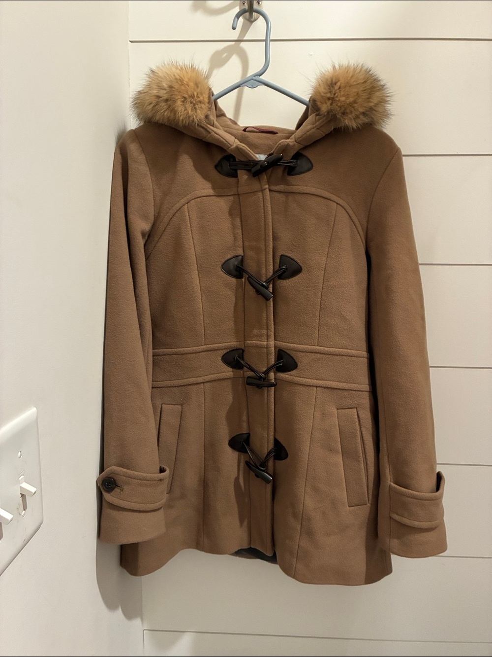 Marc New York Women’s Hooded Toggle Coat in Camel wool blend.